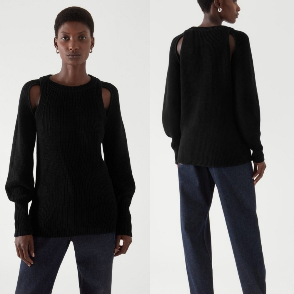 COS Womens Black Cut-Out Jumper Cotton Fisherman Knit Sweater M
